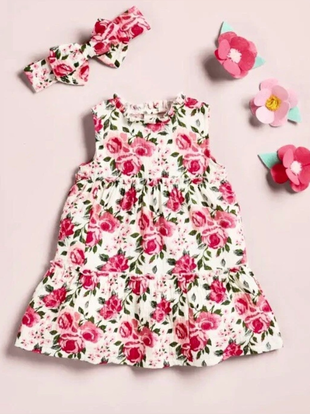 Nwt Mud Pie Little Girls Pink Rose Floral Dress With Matching Headband 4t 5t